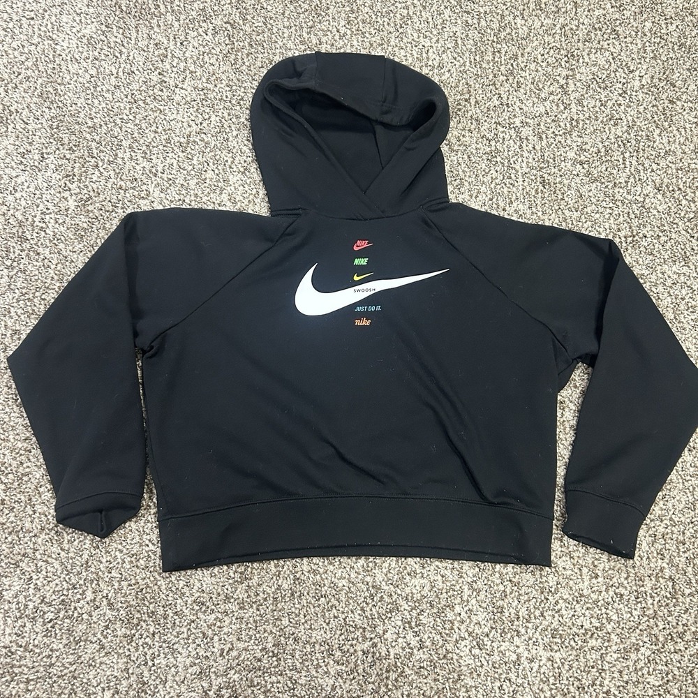Nike Sweatshirt Youth Medium Hoodie Black Graphic Center Swoosh Pullover